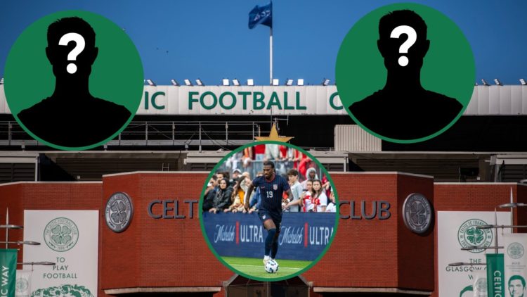 A general view of Celtic Park, Haji Wright in action for the USA vs Turkey, two insets of mystery figures