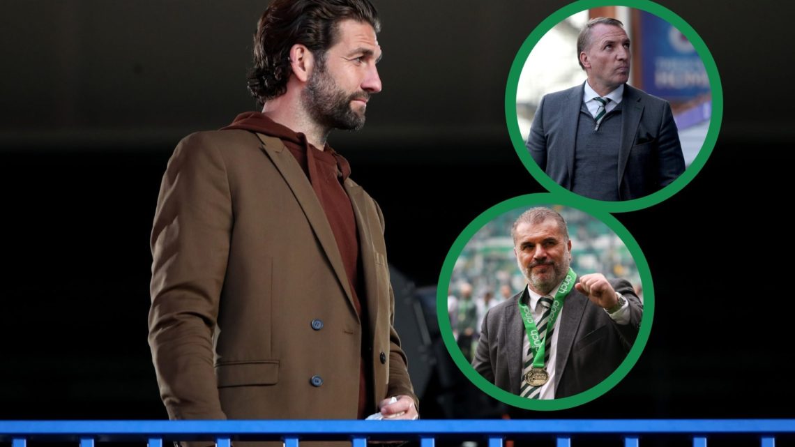 Charlie Mulgrew in attendance for a Scotland match, including two insets of Brendan Rodgers looks on before Rangers vs Celtic and Ange Postecoglou ...