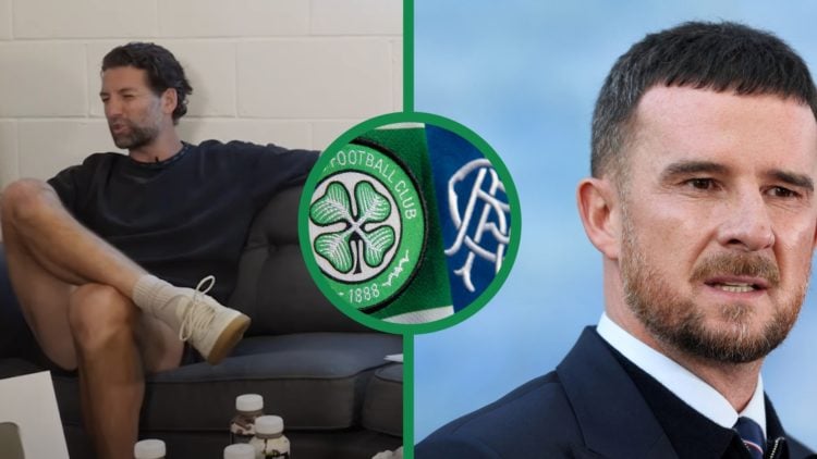 A split image of Charlie Mulgrew speaking on Open Goal's KTBOTG+ podcast and Barry Ferguson looking on as the Rangers manager, including an inset o...