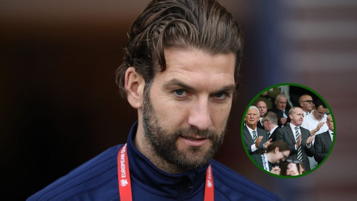 Image of former Celtic defender Charlie Mulgrew with an overlay of Celtic CEO Michael Nicholson, Celtic chairman Peter Lawwell and Celtic sharehold...