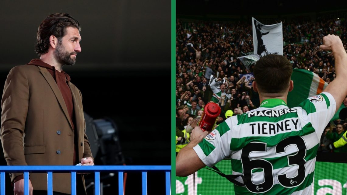 A split image of Charlie Mulgrew watching Scotland in action and Kieran Tierney of Celtic celebrate with the Celtic fans after winning the Scottish...