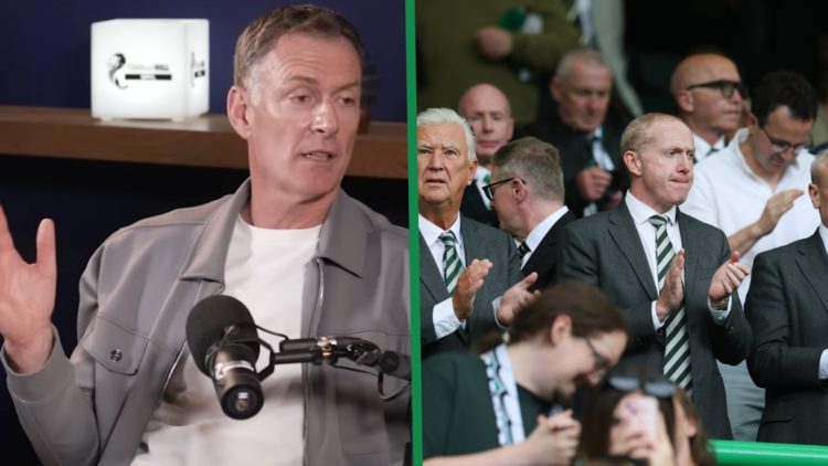 A split image of Chris Sutton working as a pundit for the Warm-Up podcast and Celtic board members Peter Lawwell and Michael Nicholson are seen dur...