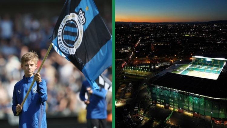 A split image of a young fan waving a Club Brugge flag against Cercle Brugge and an aerial view shows Celtic Park before a Champions League game