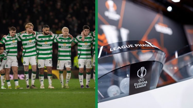 A split image of Daizen Maeda standing alongside Celtic players during their penalty shootout win vs Rangers in the League Cup final and a close-up...