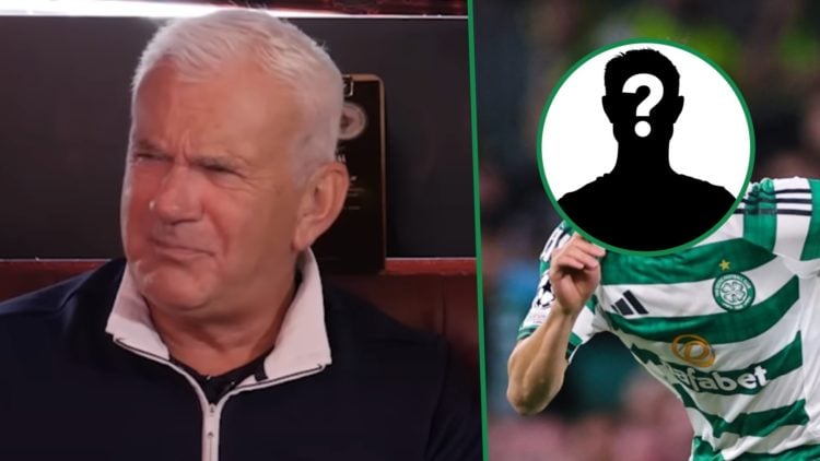 Gordon Dalziel reacts during recording of Open Goal podcast left and Celtic winger Yang with mystery overlay covering his face right