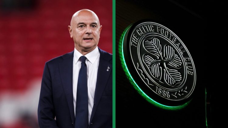A split image of Daniel Levy, chairman of Tottenham Hotspur FC, looking on and the Celtic badge lighted up outside of Glasgow.