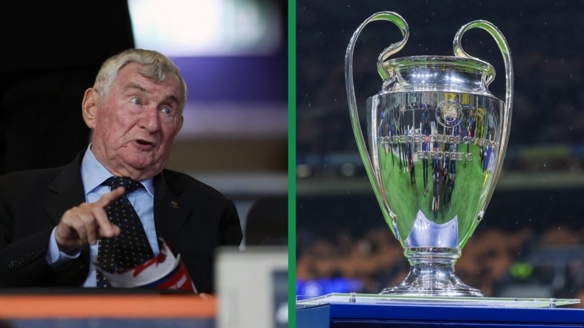 A split image of David Pleat at an England U21 game and the UEFA Champions League trophy is displayed on a plinth at the San Siro