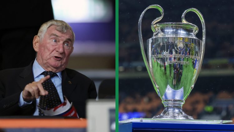 A split image of David Pleat at an England U21 game and the UEFA Champions League trophy is displayed on a plinth at the San Siro
