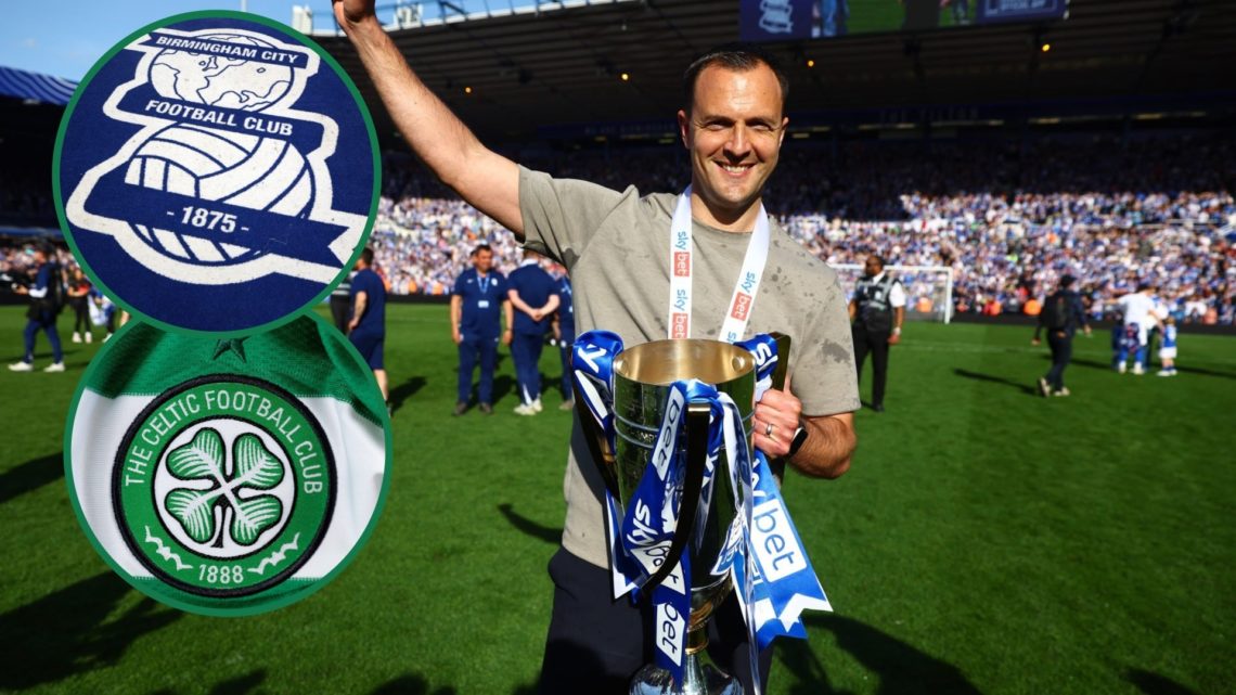 Chris Davies lifts the League One title with Birmingham City, an inset of the Birmingham City badge, an inset of a Celtic badge