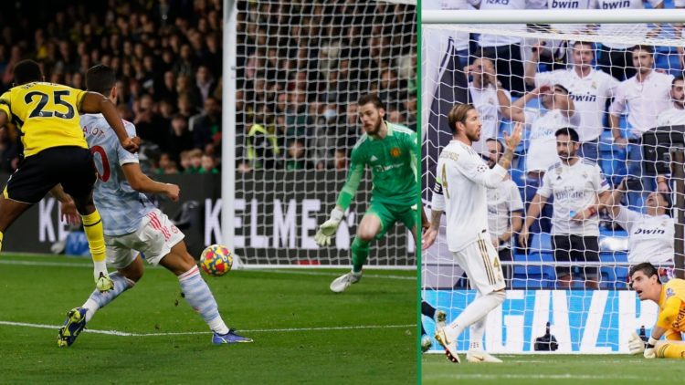 Emmanuel Dennis scoring against both Man Utd for Watford left and Real Madrid for Club Brugge right