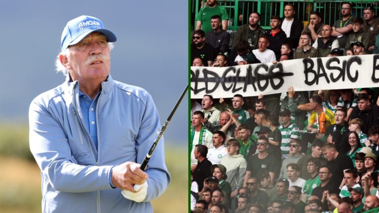 Image of Celtic's largest individual shareholder Dermot Desmond and Celtic supporters holding up a banner protest against the Parkhead board.