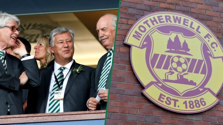 Dermot Desmond and Peter Lawwell in conversation at the Scottish Cup final between Motherwell and Celtic, The Motherwell club badge outside Fir Park