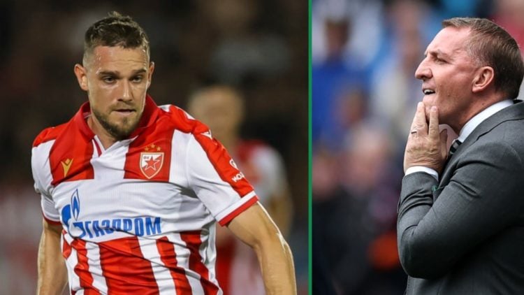Timi Elsnik of Red Star Belgrade left and Brendan Rodgers during Rangers vs Celtic at Ibrox right