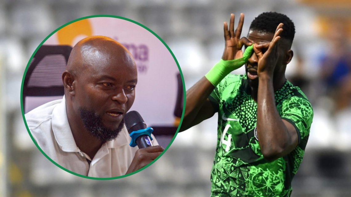 Finidi George speaking into a microphone as Nigeria boss left and Kelechi Iheanacho celebrating a goal for Nigeria right