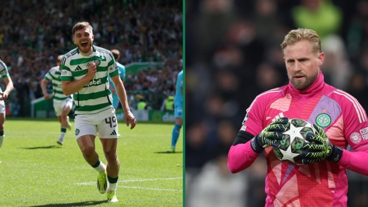 James Forrest celebrates his last-minute equaliser for Celtic vs St Mirren, Kasper Schmeichel checks out the ball during a Champions League game