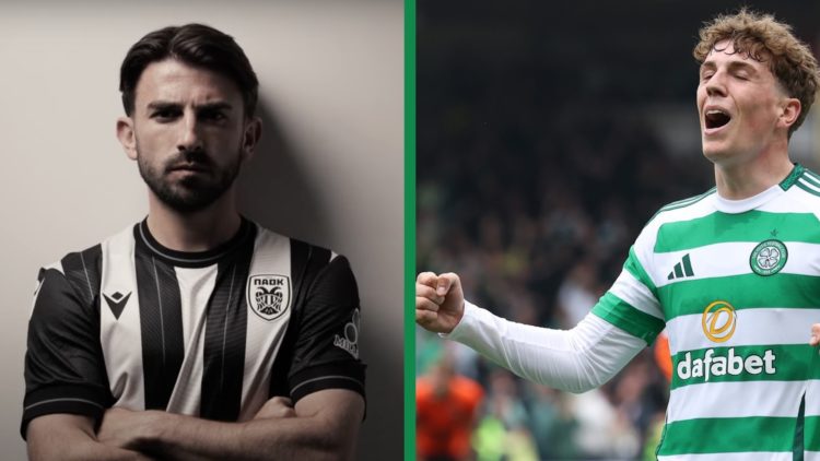 A split image of Greg Taylor being unveiled as PAOK's new signing after choosing to leave Celtic and Arne Engels celebrating scoring against Dundee...