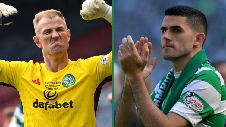 Joe Hart celebrating the 2024 Scottish Cup final win for Celtic left and Tom Rogic claps the Celtic fans in 2018 right