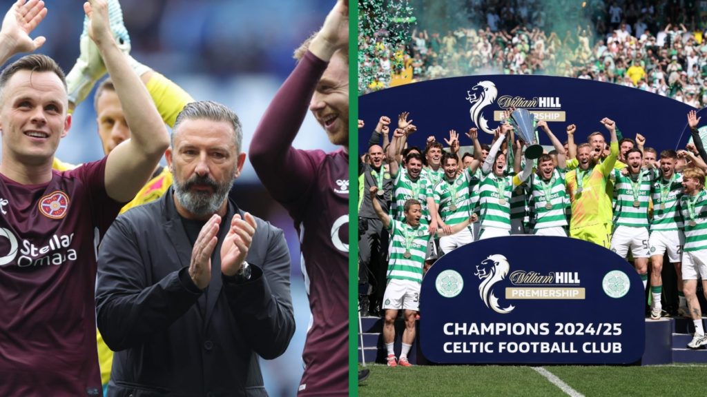 A split image of Derek McInnes applauding the Hearts fans after their win over Rangers at Ibrox and the Celtic players lifting the Premiership title.