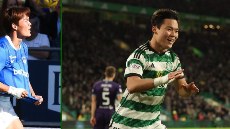 Split image of Hyeongyu Oh scoring for KRC Genk in the Beligian League and for Celtic in the Scottish Premiership.