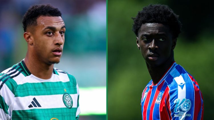 Adam Idah for Celtic vs Kairat Almaty left and Jesurun Rak-Sakyi plays at Crystal Palace's training ground right