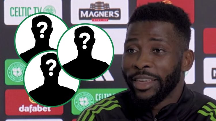 Kelechi Iheanacho at his Celtic press conference right with three mystery overlays left