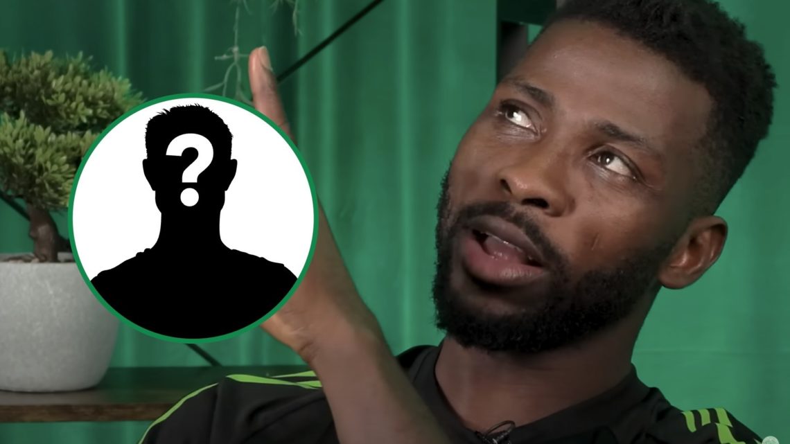 Kelechi Iheanacho points upwards during Celtic TV interview with mystery overlay left inset