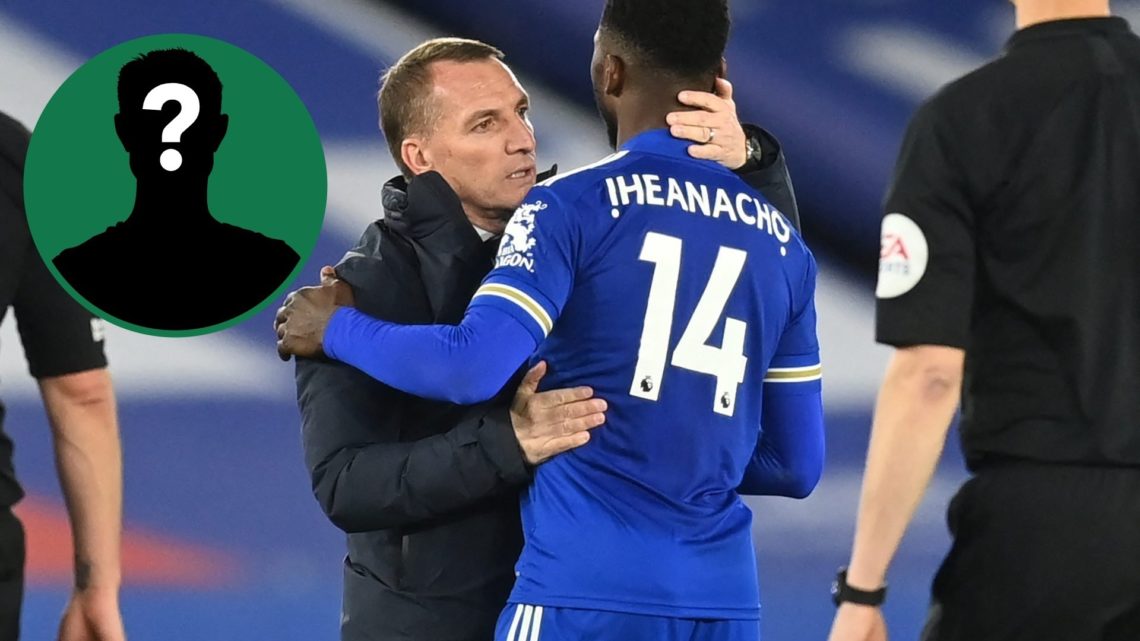 Brendan Rodgers and Kelechi Iheanacho embrace each other after Leicester City's win vs Everton, an inset of a mystery figure