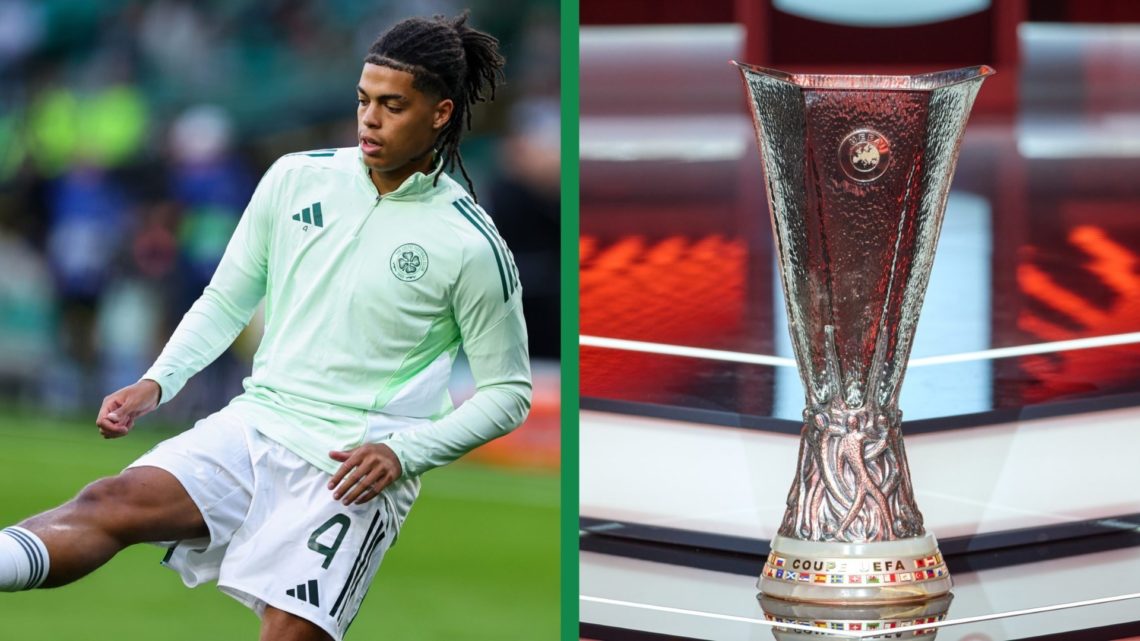 A split image of Jahmai Simpson-Pusey of Celtic warming up ahead of the UEFA Champions League Play-offs Round First Leg match between Celtic and Ka...