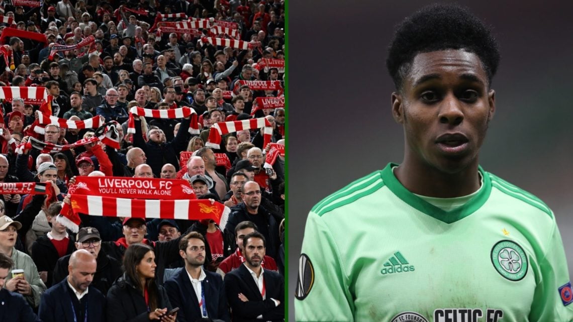 Split image of Liverpool fans vs Atletico Madrid in the Champions League and Jeremie Frimpong at Celtic.