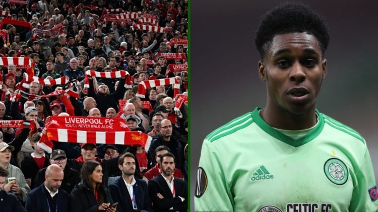 Split image of Liverpool fans vs Atletico Madrid in the Champions League and Jeremie Frimpong at Celtic.