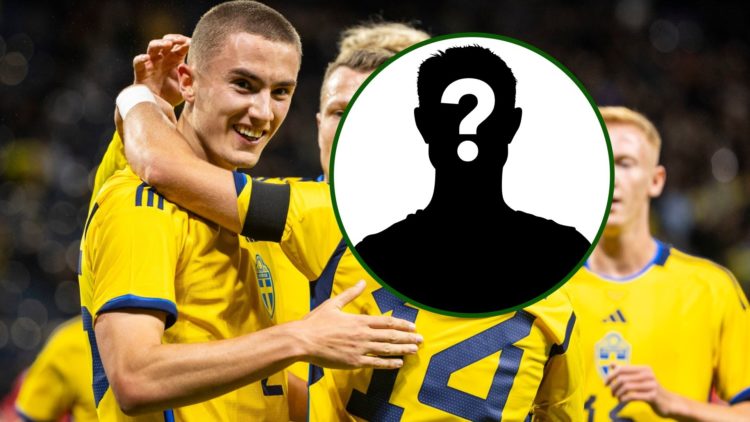 Image of Aberdeen on-loan winger Jesper Karlsson in action for Sweden vs Moldova alongside former Celtic defender Gustaf Lagerbielke.