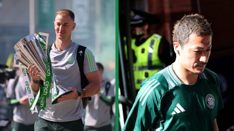 A split image of Daizen Maeda of Celtic arriving at the stadium prior to the William Hill Premiership match between Rangers FC and Celtic FC at Ibr...