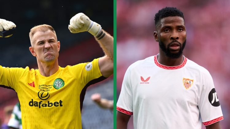 A split image of Joe Hart celebrating for Celtic after their Scottish Cup final win over Rangers and Kelechi Iheanacho in action for Sevilla.