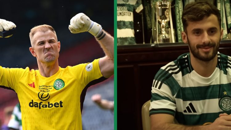 A split image of Joe Hart signalling to the Celtic fans after their Scottish Cup final win over Rangers and Marcelo Saracchi seen in the Celtic tro...