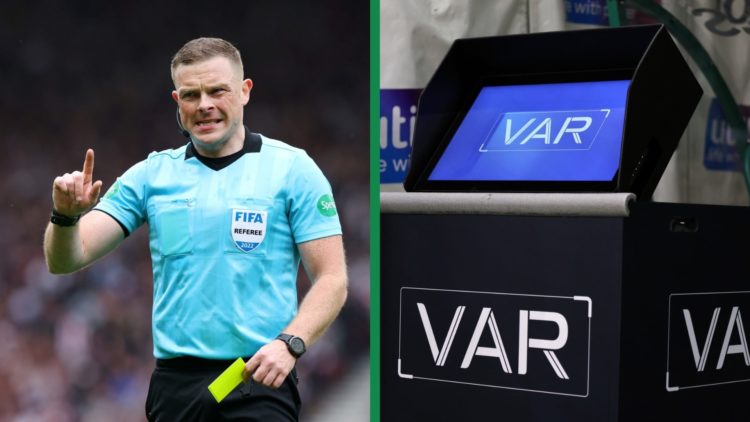 A split image of referee John Beaton preparing to dish out a yellow card during Hearts vs Hibernian and a view of the VAR monitor for Hibernian FC ...