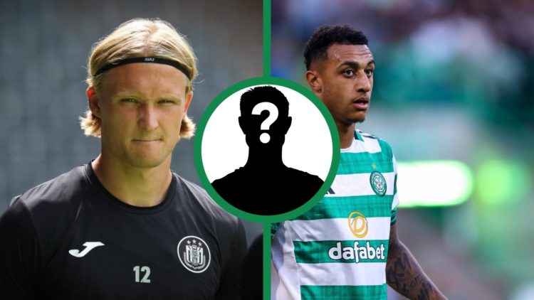 A split image of Kasper Dolberg in training for Anderlecht ahead of their clash against Hacken and Adam Idah in action for Celtic.