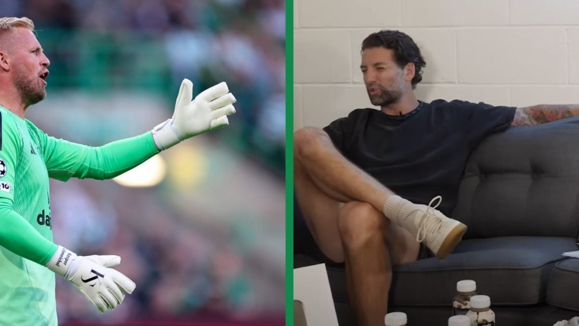 A split image of Kasper Schmeichel of Celtic shouting during the UEFA Champions League Play-offs Round First Leg match between Celtic and Kairat Al...