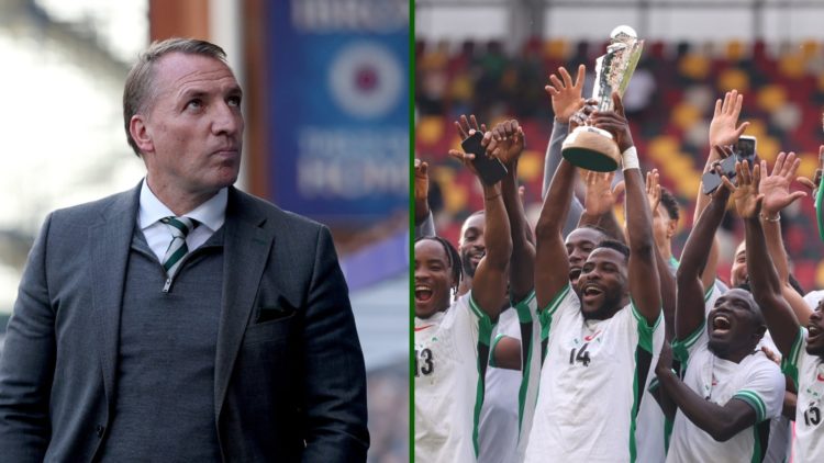 Split image of Celtic manager Brendan Rodgers and Kelechi Iheanacho lifting the Unity Cup for Nigeria in May 2025.