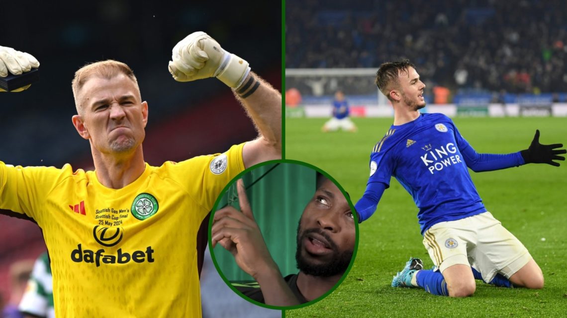 Split image of Joe Hart in action for Celtic, Tottenham star James Maddison in action for Leicester City and an overlay of Celtic star Kelechi Ihea...
