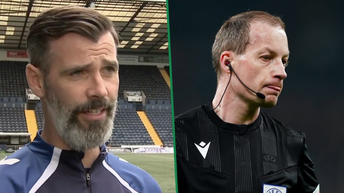 Kilmarnock manager Stuart Kettlewell speaking to Sky Sports at Rugby Park left and referee Willie Collum in action right
