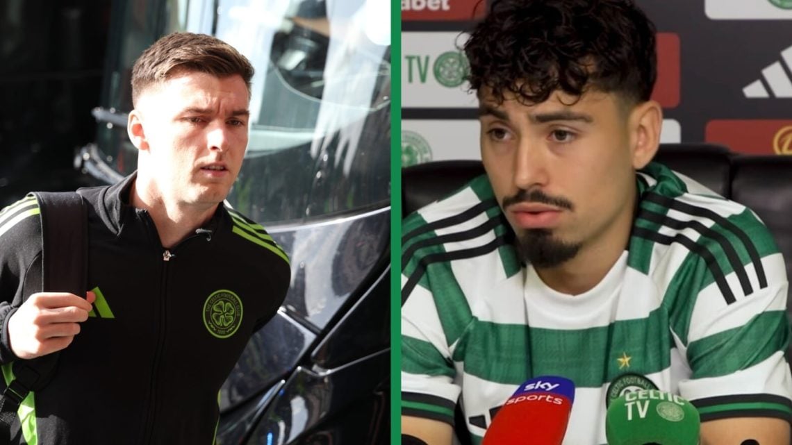 A split image of Kieran Tierney arriving for Celtic's Premiership clash against Rangers and Sebastian Tounekti speaks to the media at his Celtic un...