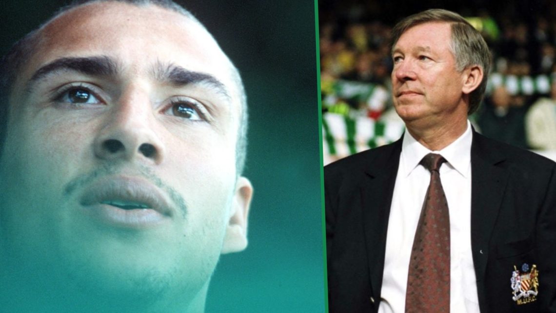 Henrik Larsson during launch of new football boot at Celtic Park left and Manchester United boss Sir Alex Ferguson at Celtic Park right
