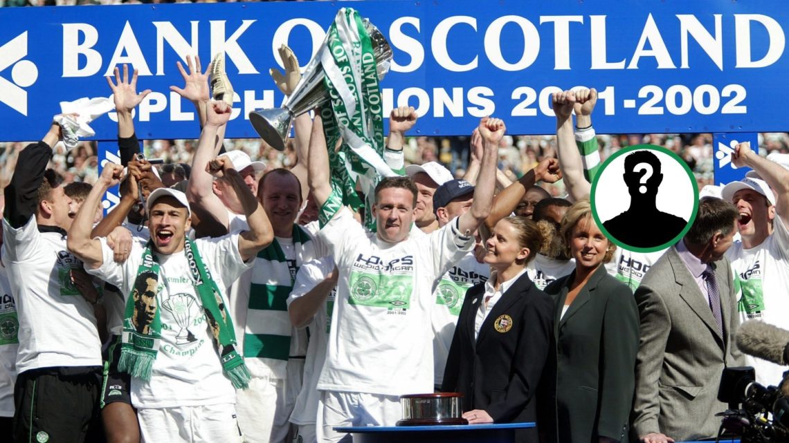 Henrik Larsson and Paul Lambert celebrate winning 2001/02 SPL title with Celtic and mystery overlay covering Celtic player's face on right