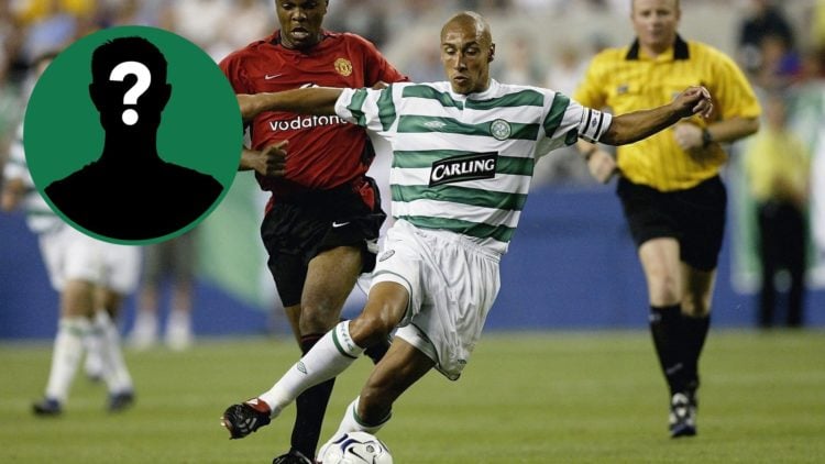 Henrik Larsson controls the ball during Celtic vs Manchester United, an inset of a mystery figure