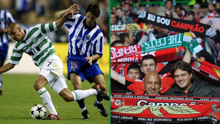 Henrik Larsson on the ball during Celtic vs Porto UEFA Cup Final left and Benfica fans with scarves at Celtic Park right