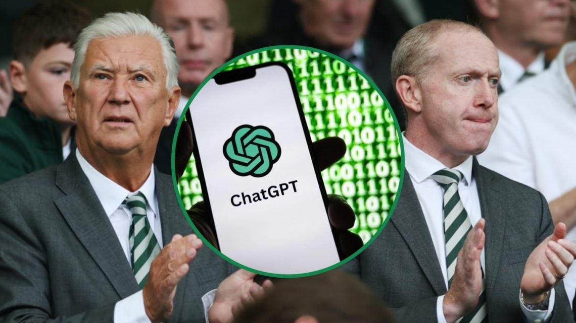 Celtic board members Peter Lawwell and Michael Nicholson left and right at Celtic Park with ChatGPT logo centre inset