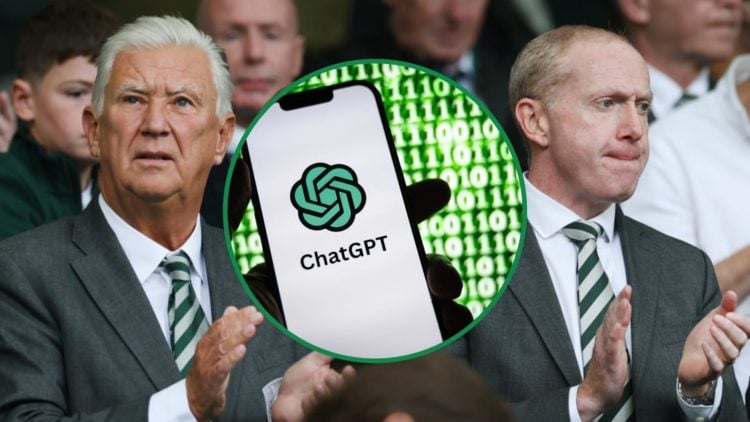 Celtic board members Peter Lawwell and Michael Nicholson left and right at Celtic Park with ChatGPT logo centre inset