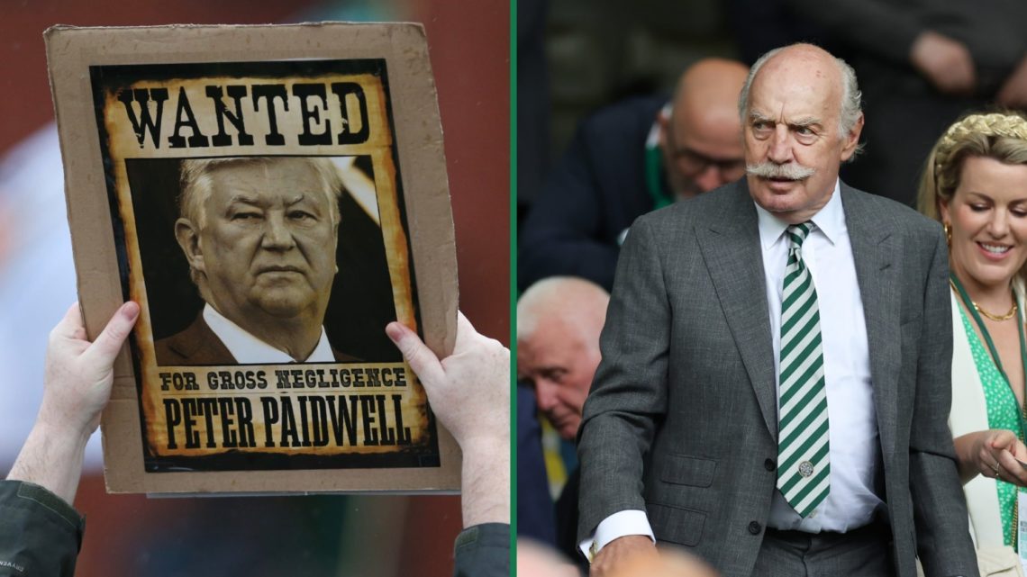 A Celtic fan protests against Celtic board member Peter Lawwell, Dermot Desmond arrives at Celtic Park for the game vs St Mirren