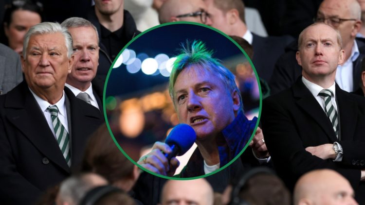 Celtic board members Peter Lawwell and Michael Nicholson left and right at Celtic Park with Frank McAvennie centre inset