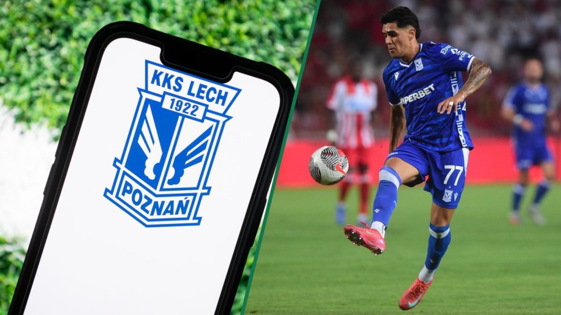 A detailed view of the Lech Poznan badge on a mobile phone, Luis Palma controls the ball while playing for Lech Poznan